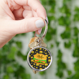Cool and fun yummy burger pattern Monogram Key Ring