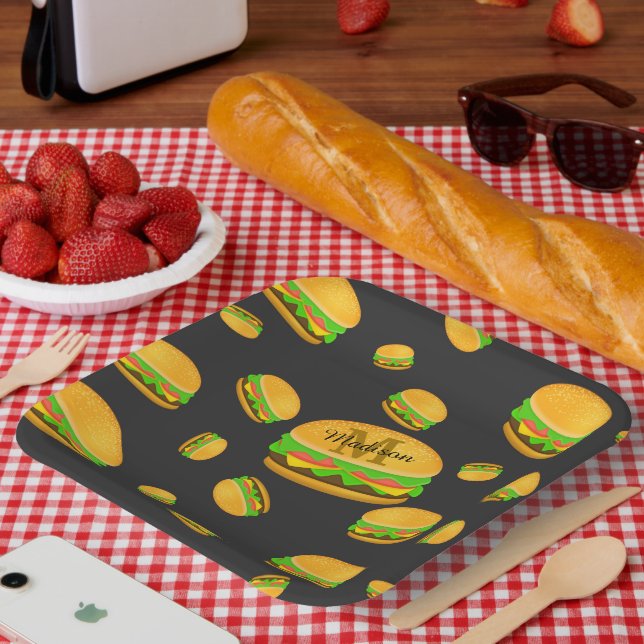 Cool and fun yummy burger pattern Monogram Paper Plate (Picnic)