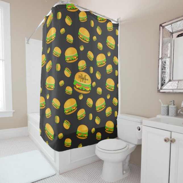 Cool and fun yummy burger pattern Monogram Shower Curtain (In Situ)