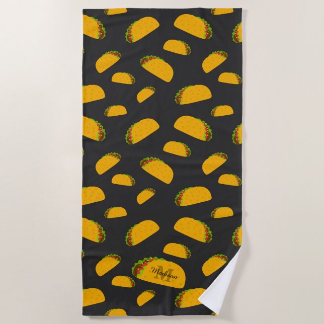 Cool and fun yummy taco pattern Monogram Beach Towel (Front)