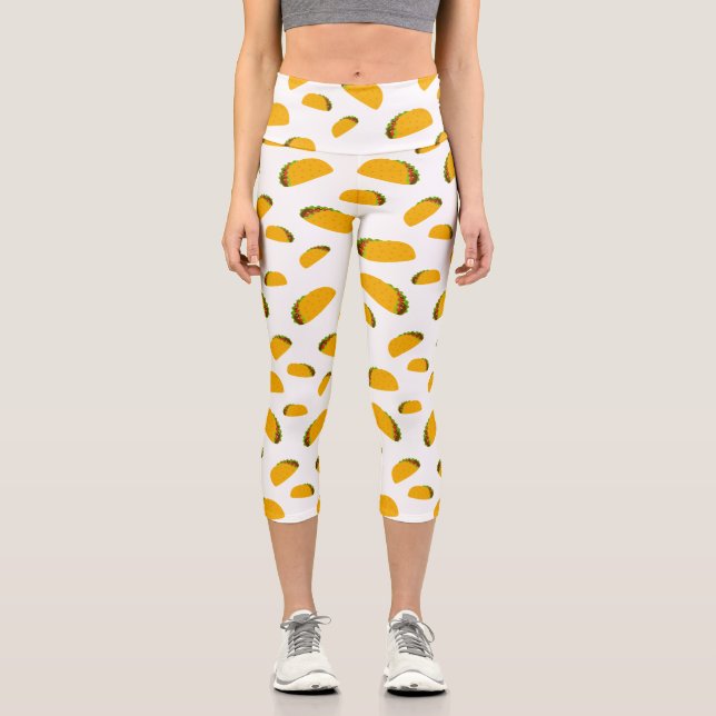 Cool and fun yummy taco pattern white capri leggings (Front)