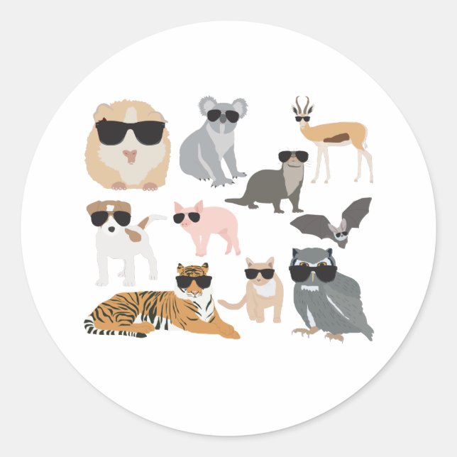 Cool and Funny Animals Wearing Sunglasses Classic Round Sticker (Front)