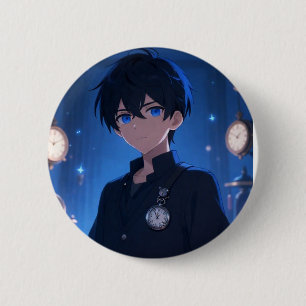Cool Anime Boy Blue Eyes & Clocks Aesthetic Button