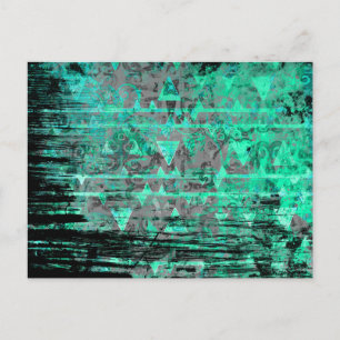 Cool Aqua and Grey Tribal Triangles Grunge Postcard