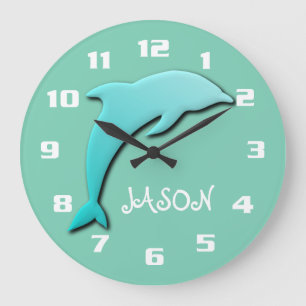 Cool Aqua Blue Dolphin Monogram Large Clock