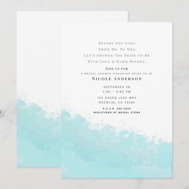 Cool Aqua Blue Wave Splash Beach Bridal Shower Invitation (Front/Back)