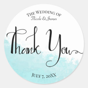 Cool Aqua Blue Wave Splash Wedding Thank You Classic Round Sticker