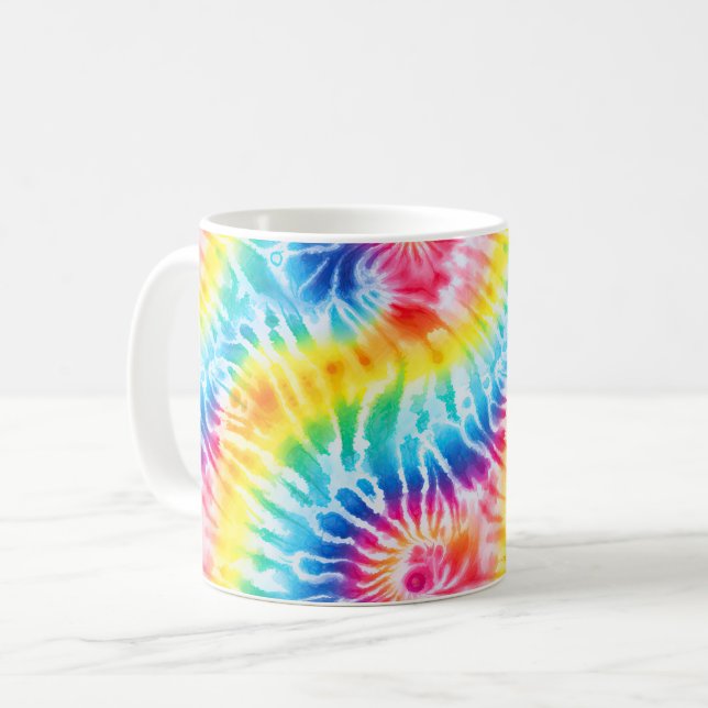 Cool Aqua Red Blue Yellow Orange Tie Dye Coffee Mug (Front Left)