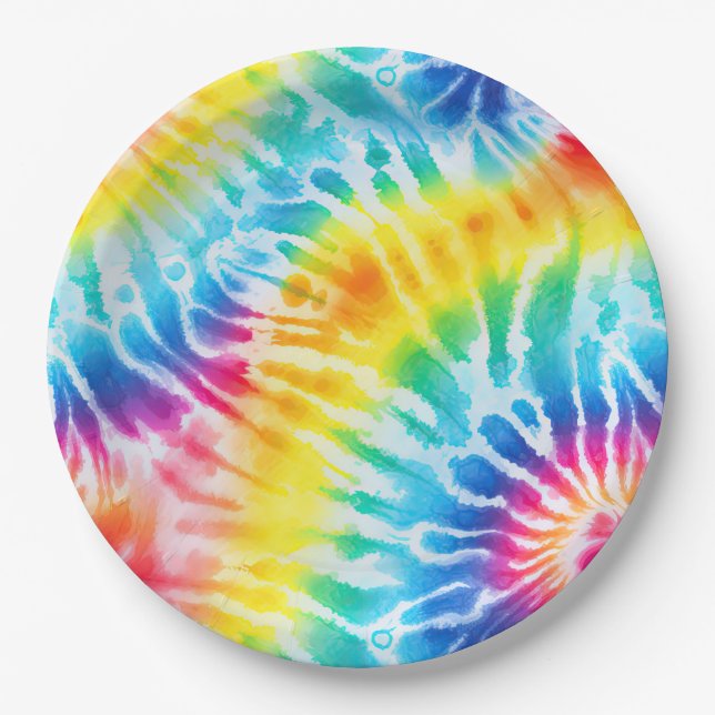 Cool Aqua Red Blue Yellow Orange Tie Dye Paper Plate (Front)