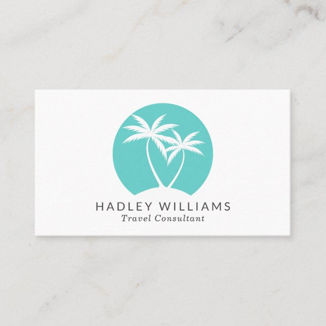 Cool Aqua Tropical Palms Logo Business Card (Front)