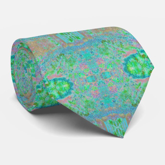 Cool Aquamarine Panoramic Garden Flowers View Tie (Rolled)