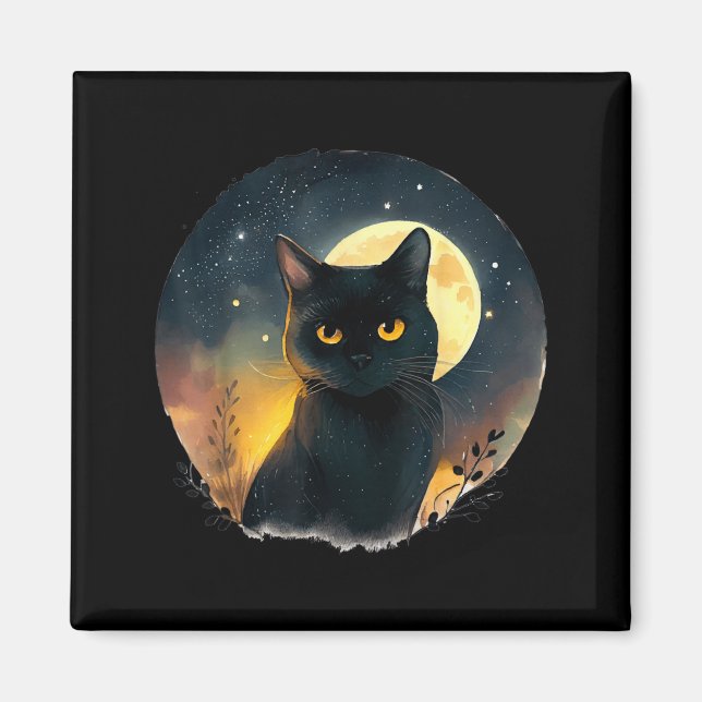 Cool Art Graphic Black Cat With Moon Magnet (Front)