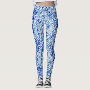 Cool Artsy Blue Abstract Wave Feather Watercolor Leggings