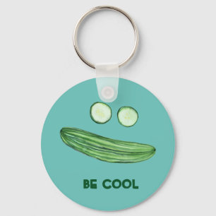 Cool as a Cucumber "BE COOL" Funny Watercolor Face Key Ring