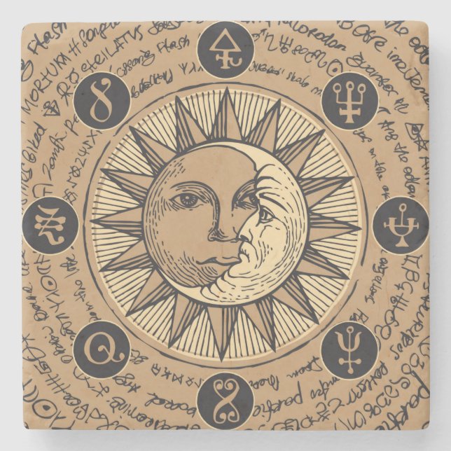 Cool Astrology Pattern with Sun and Moon Stone Coaster (Front)