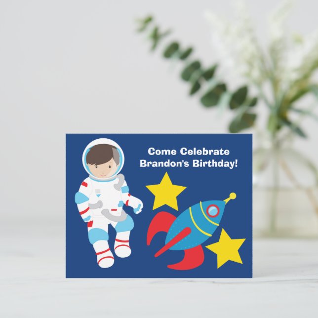 Cool Astronaut Boy Outer Space Kids Birthday Party Invitation (Standing Front)