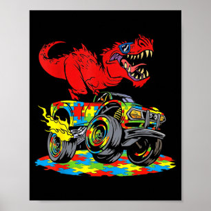 Cool Autism Awareness Trex Monster Truck Men Kids Poster