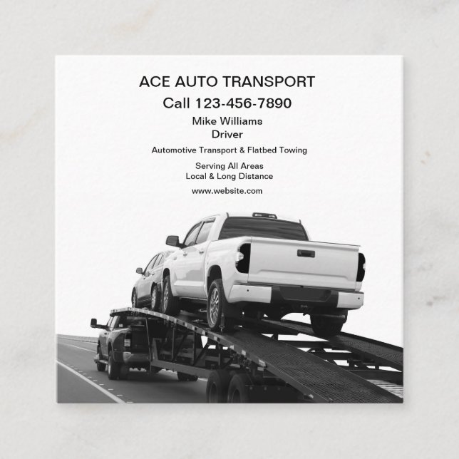 Cool Automotive Transport Flatbed Towing Business  Square Business Card (Front)