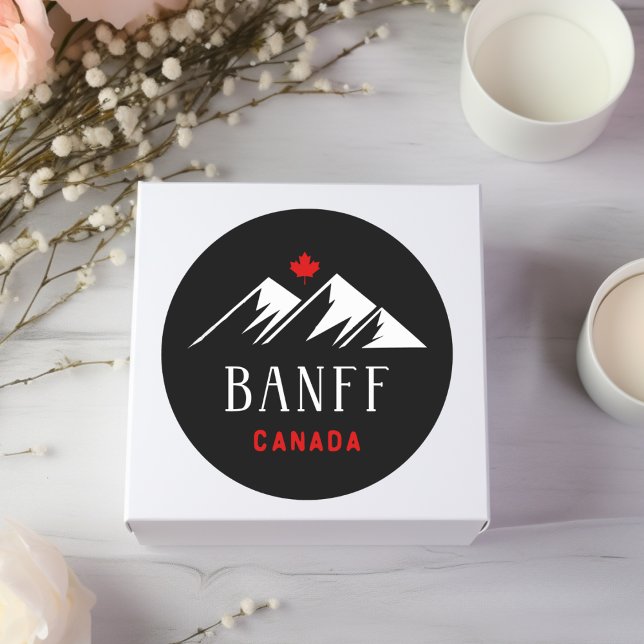 Cool Banff Canada Mountains Maple Leaf Dark Color Classic Round Sticker (Creator Uploaded)