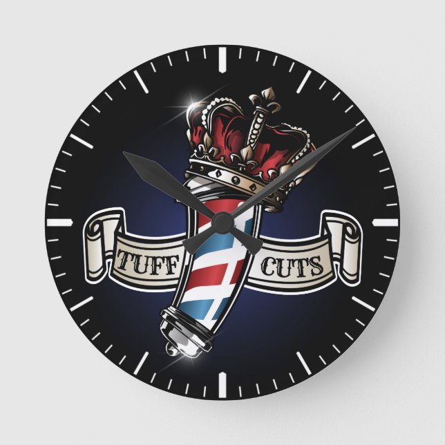 Cool Barber Pole and Crown Logo Personalize 3 Round Clock (Front)
