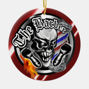 Cool Barber Skull with Flaming Razor Ceramic Tree Decoration