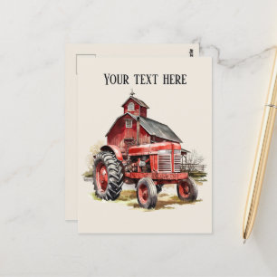 Cool barn and tractor add text Farmers Postcard