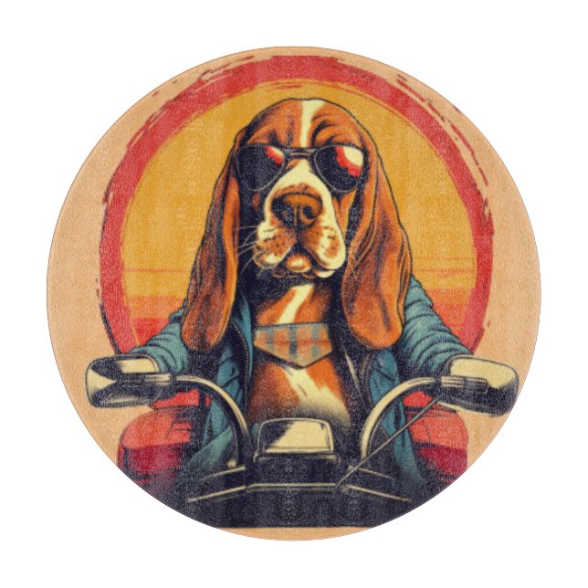 Cool basset hound biker in the sunset cutting board (Front)