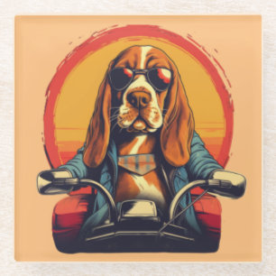 Cool basset hound biker in the sunset glass coaster