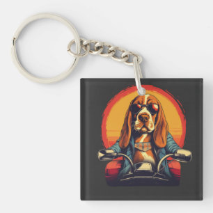 Cool basset hound biker in the sunset key ring