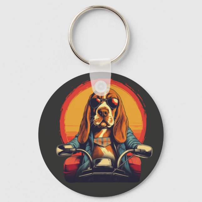 Cool basset hound biker in the sunset key ring (Front)