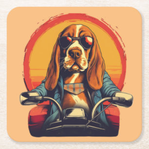 Cool basset hound biker in the sunset square paper coaster
