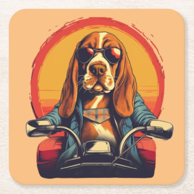 Cool basset hound biker in the sunset square paper coaster (Front)