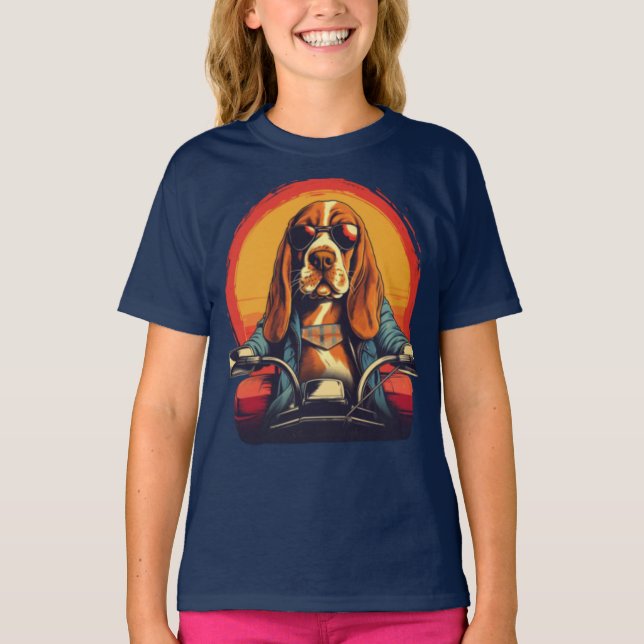 Cool basset hound biker in the sunset T-Shirt (Front)