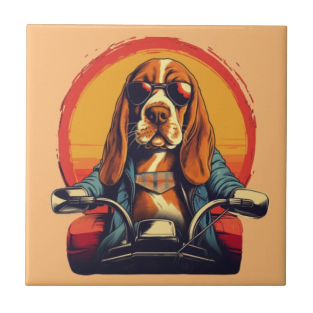 Cool basset hound biker in the sunset tile (Front)
