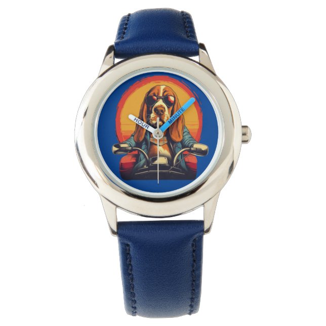 Cool basset hound biker in the sunset watch (Front)