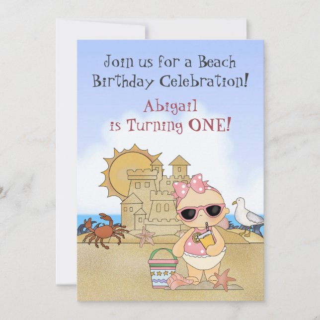Cool Beach Baby 1st Birthday Invitation for Girls (Front)