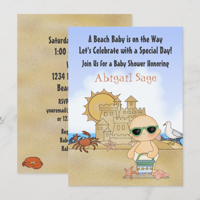 Cool Beach Baby and Sandcastle Neutral Baby Shower Invitation (Front/Back)