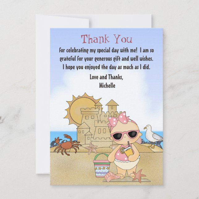 Cool Beach Baby Sandcastle Girls Baby Shower Flat Thank You Card (Front)