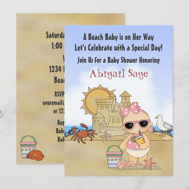 Cool Beach Baby Shower Invitation for Girls (Front/Back)