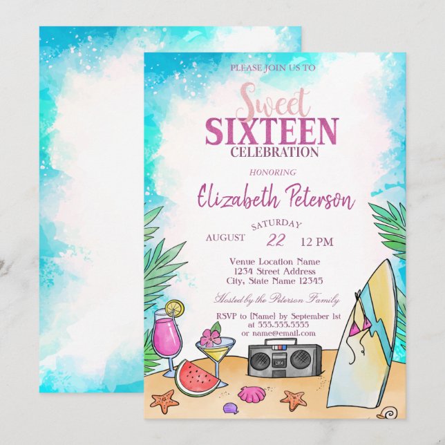 Cool Beach Cocktail Fruits Summer Sweet 16 Party Invitation (Front/Back)