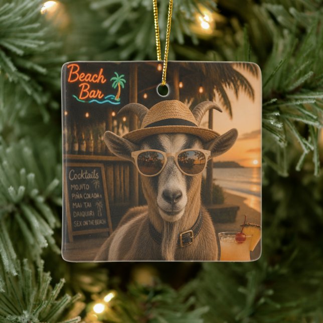 Cool Beach Goat with Cocktail Ceramic Ornament (Tree)