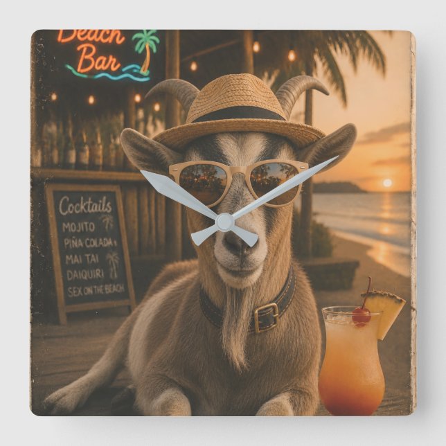 Cool Beach Goat with Cocktail Square Wall Clock (Front)
