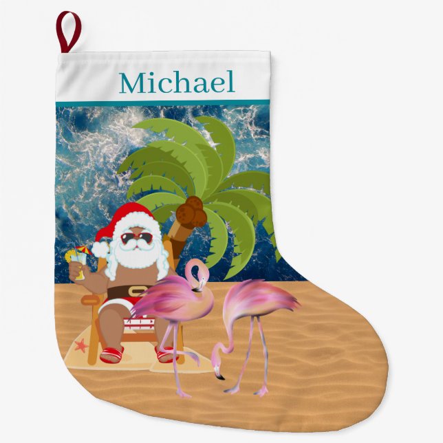 cool beach Santa add name Large Christmas Stocking (Front)