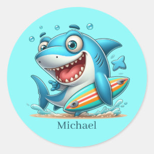 Cool Beach shark lovers surfing add name  Classic Round Sticker