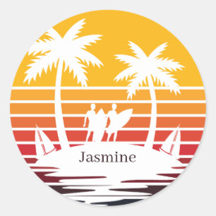 Cool beach surfing lovers Classic Round Sticker