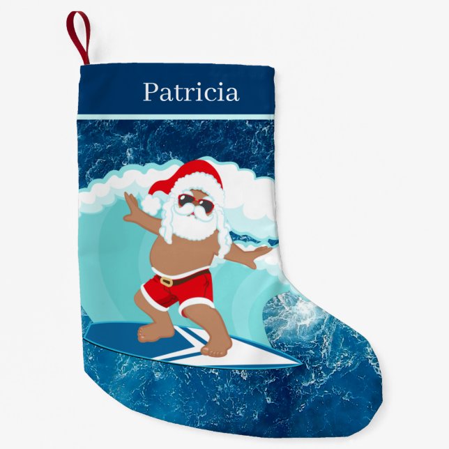 cool Beach surfing Santa  Small Christmas Stocking (Front)