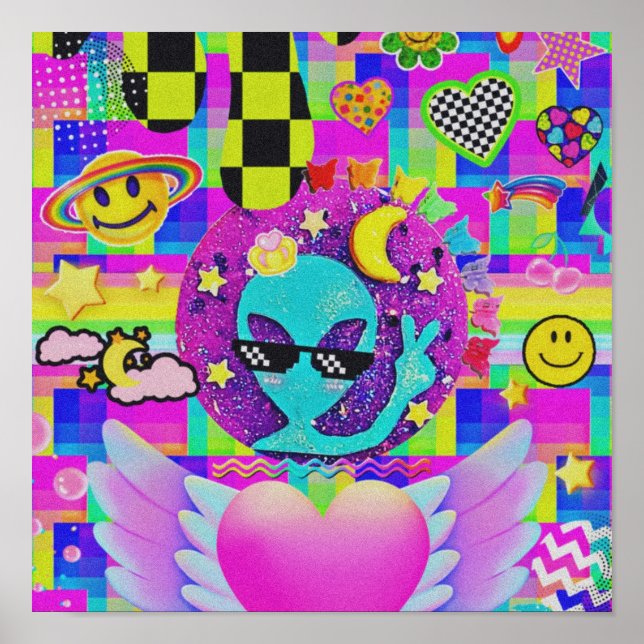 Cool Beans Alien | Funny Retro Trippy Alien Art Poster (Front)