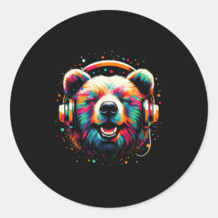 Cool Bear Headphone Music Art Christmas Birthday  Classic Round Sticker