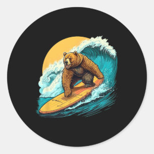 Cool Bear Surfing On Surfboard Hang Ten Surf Waves Classic Round Sticker