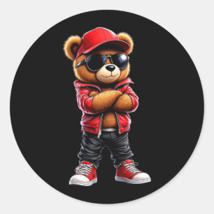 Cool Bear Who Wear Red Shirt Sungles Streetwear Classic Round Sticker